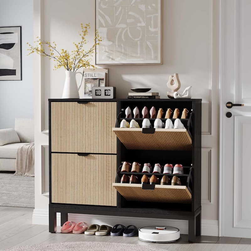 4-Door Farmhouse Shoe Storage Cabinet with Adjustable Shelves - Black