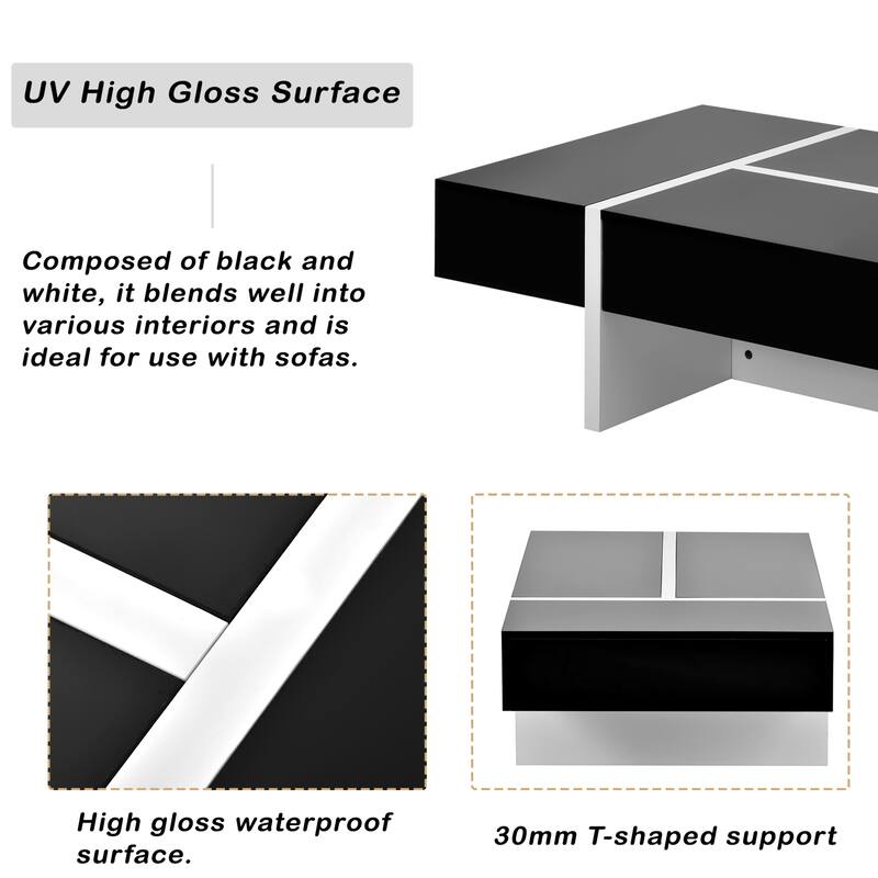 Modern Black and White Coffee Table with Storage Drawer and High Gloss Finish (45.2" L x 25.5" W x 13.7" H)
