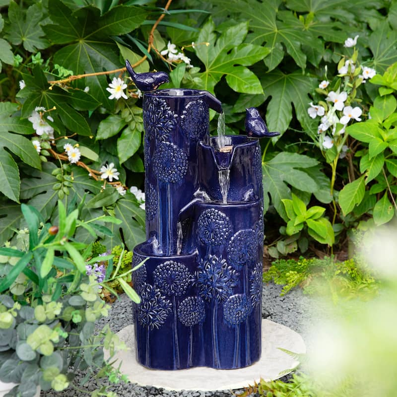 Glitzhome 27" H 4-Tier LED Ceramic Outdoor Floor Fountain with Birds, Cobalt Blue Turquoise Dandelion Texture Vase-Shaped