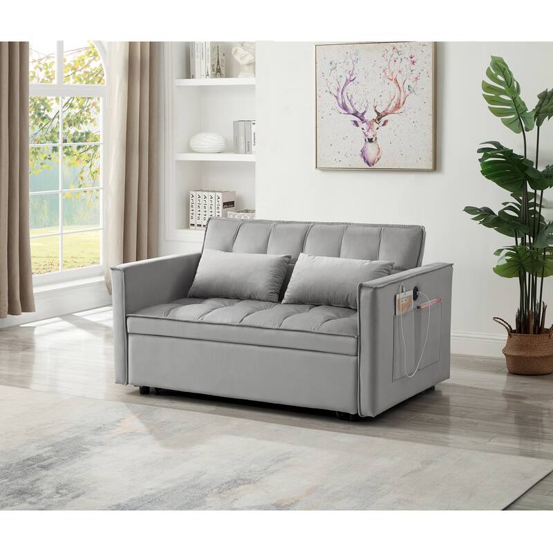 3-in-1 Adjustable Light Gray Velvet Sleeper Sofa Bed with USB Port