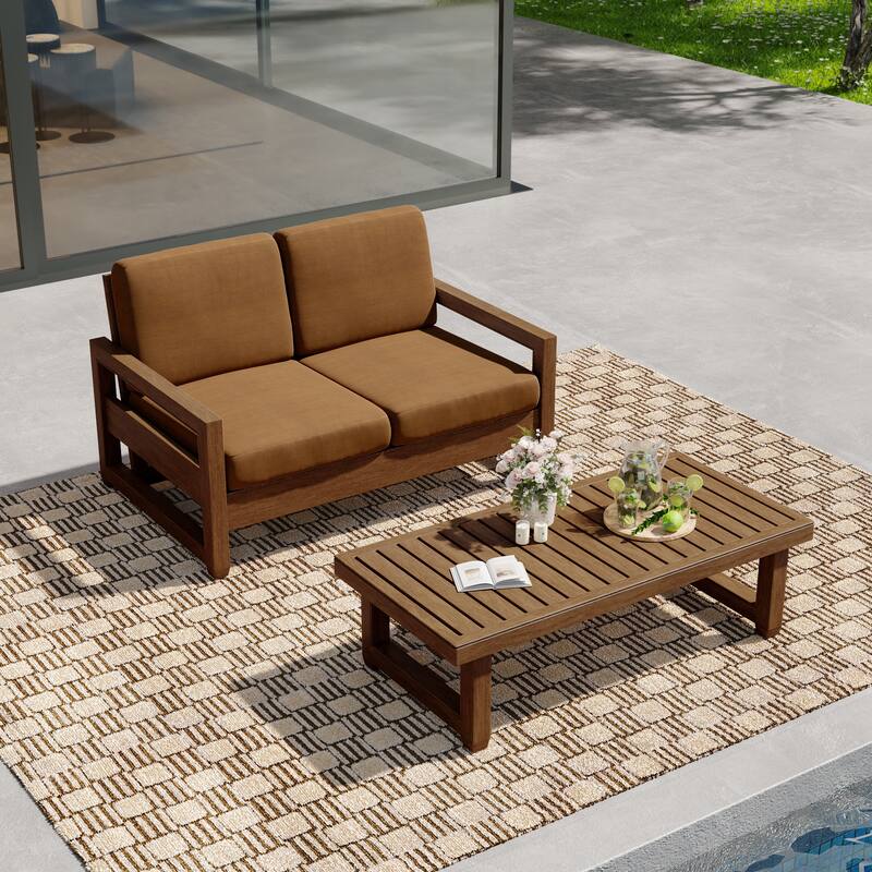 Outdoor Patio Loveseat Table Set Teak Wood with Cushion