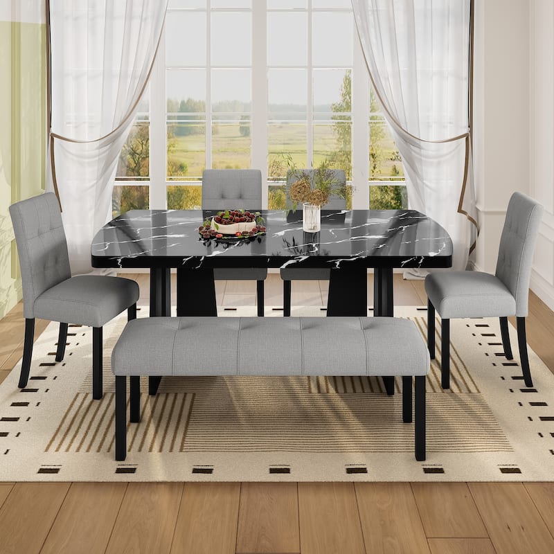 Dining Table Set for 6, Faux Marble Table with 4 Upholstered Chairs & Bench, 6-Piece Modern Kitchen Table Chairs Set