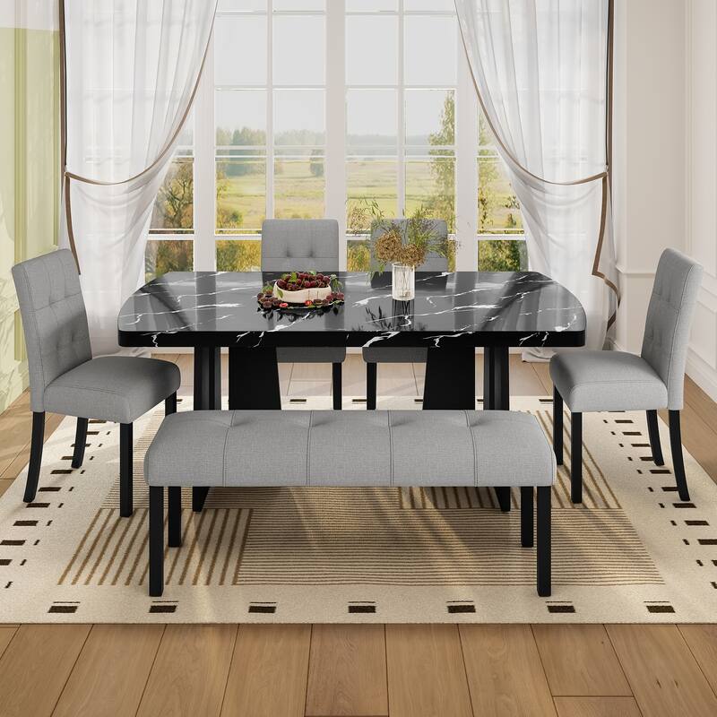 Roomfitters 6 Piece Modern Dining Table Set, 63 Inch Faux Marble Table with Bench and Upholstered Chairs