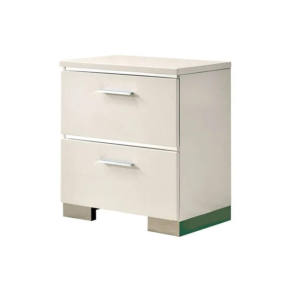 Contemporary Nightstand, High Gloss Lacquer Coating, Chrome Handles, USB Charger