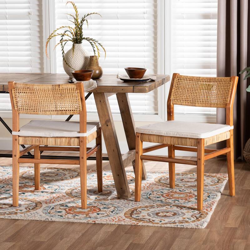 Chatura Natural Rattan and Mahogany Wood Dining Side Chair - Handwoven Wicker Dining Chair with Angled Back