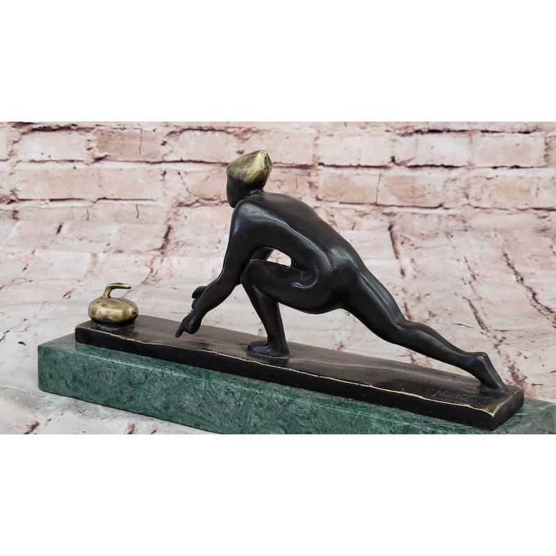 Bronze Curling Player Sculpture – Sports Themed Artwork On Marble Base
