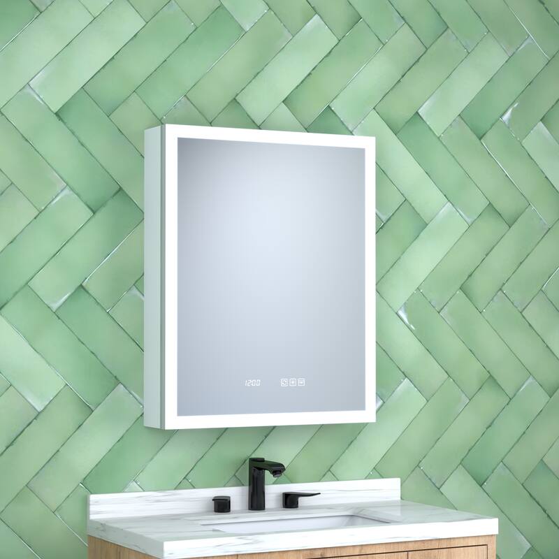 Rectangular Aluminum Recessed/Surface Mount Medicine Cabinet in Silver with Mirror LED and Clock - Silver - 24'' x 5.4'' x 30'' Right