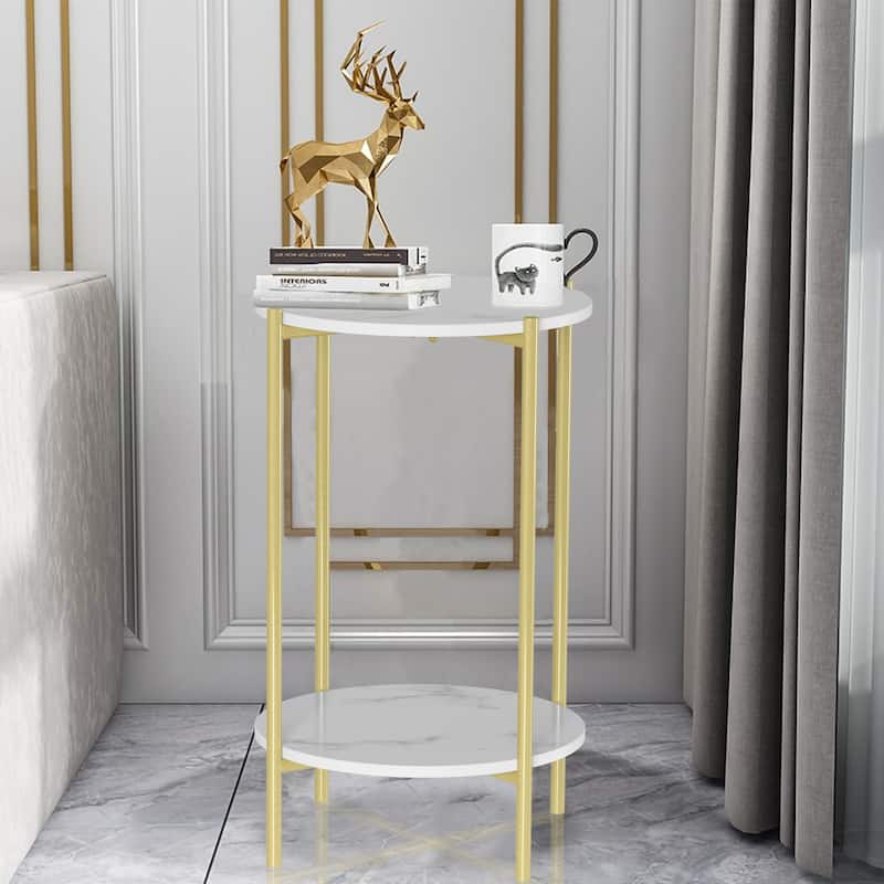 Round Faux Stone End Table with Storage with Gold Metal Legs