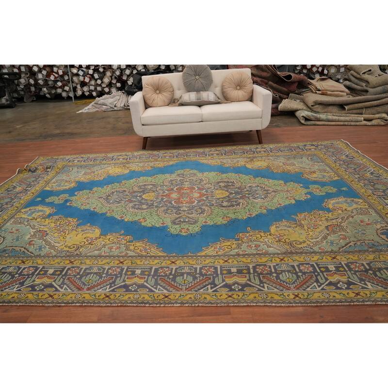 Hand Knotted Oriental 100% Wool Carpet Traditional Floral Navy Blue & Blues Tabriz Area Rug - 12' 5'' X 8' 3''