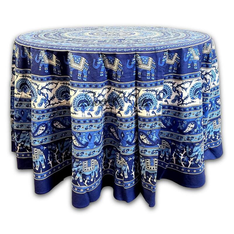 Cotton Palatial Elephant Floral Tablecloth Round - 72-in Round - Blue