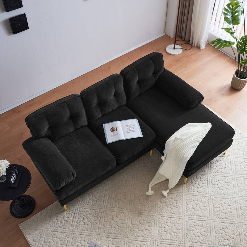 Velvet Sectional Sofas Couches with Pillow Top Arms and Upholstered Backrest, Modern L-Shaped Couches with Metal Legs