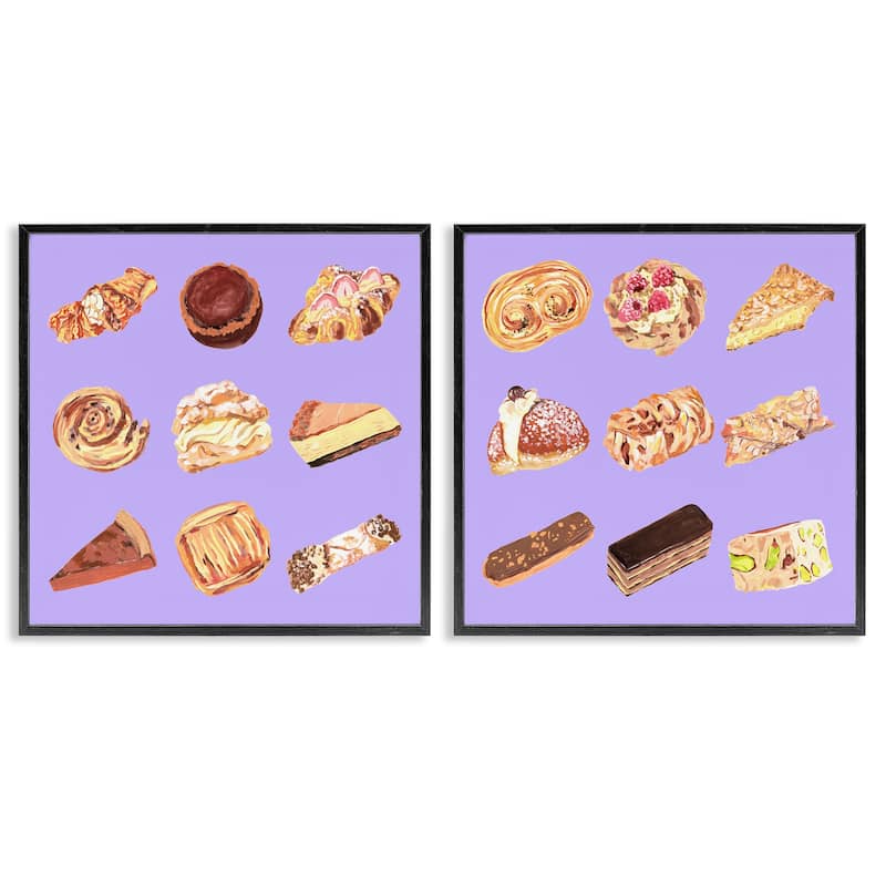 Stupell Various Pastries on Purple Framed Giclee Art Design By Melissa Wang (Set of 2) - 24 x 24 - Black