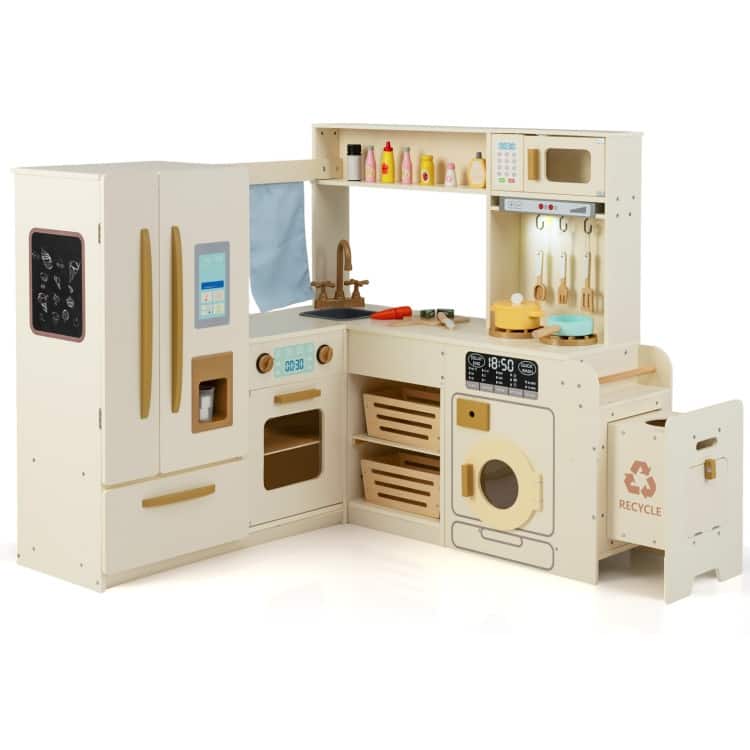 MDF Kids Corner Play Kitchen with Lights, Sounds and Accessories - 40" × 39.5" × 37" - Beige