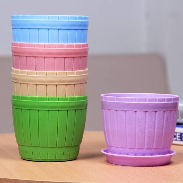 Plastic Imitation Wooden Bucket Flowerpot Planter Home Garden Decor