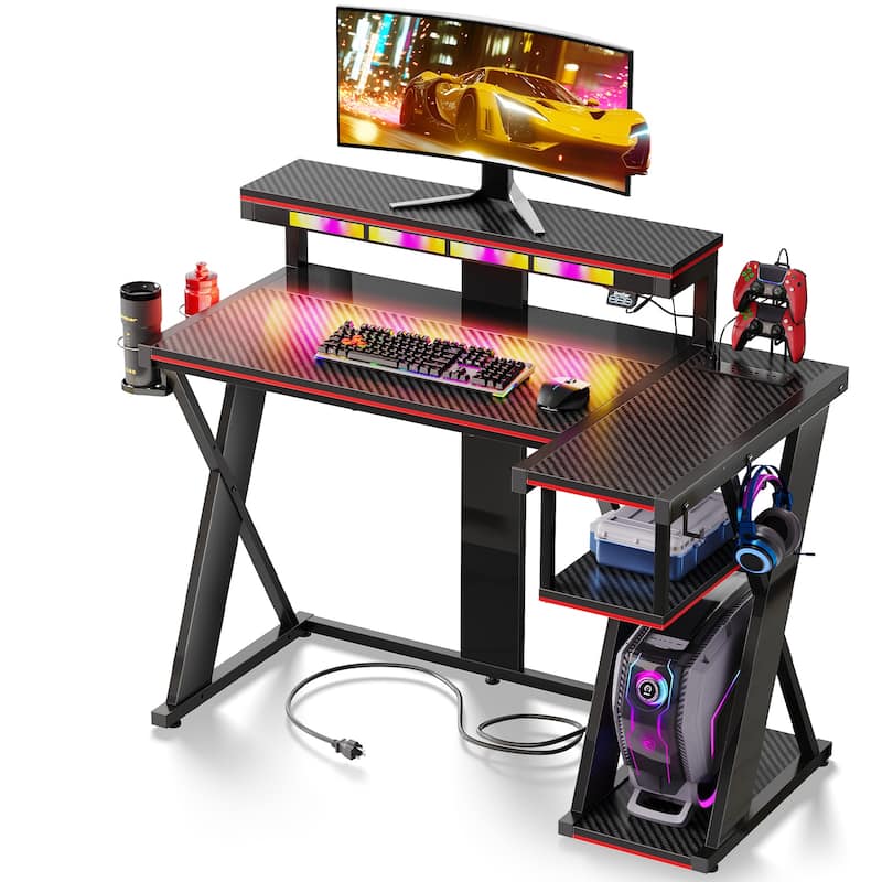 Bestier 42" Computer Desk with Music Sync Light, Corner Desk with Monitor Stand and PS5 Storage Shelves and Headset Hooks