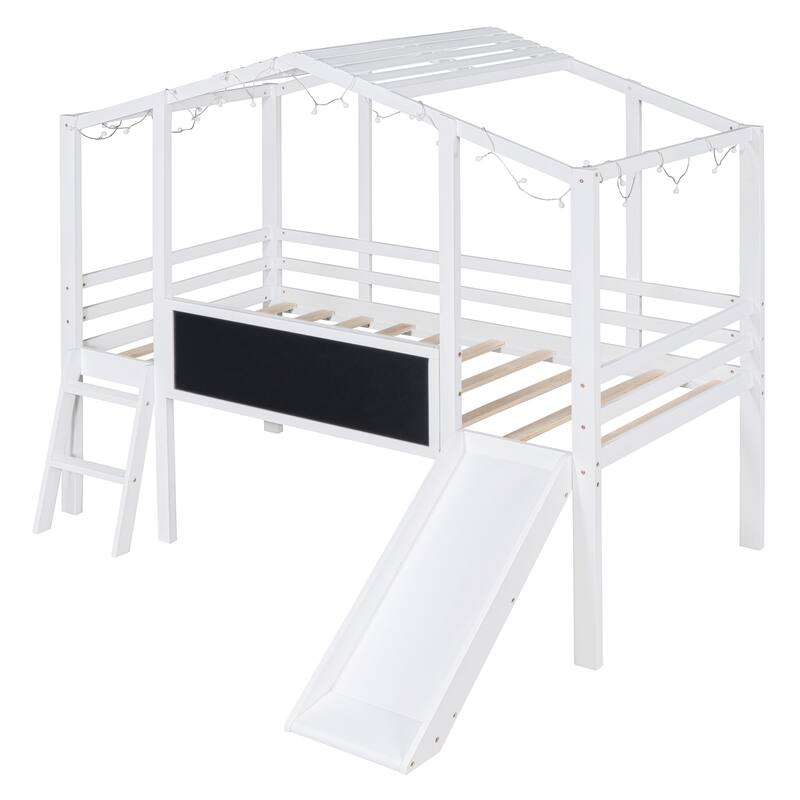 Twin Loft Bed with Slide, Ladder, Blackboard, and Light Strip, White and Gray