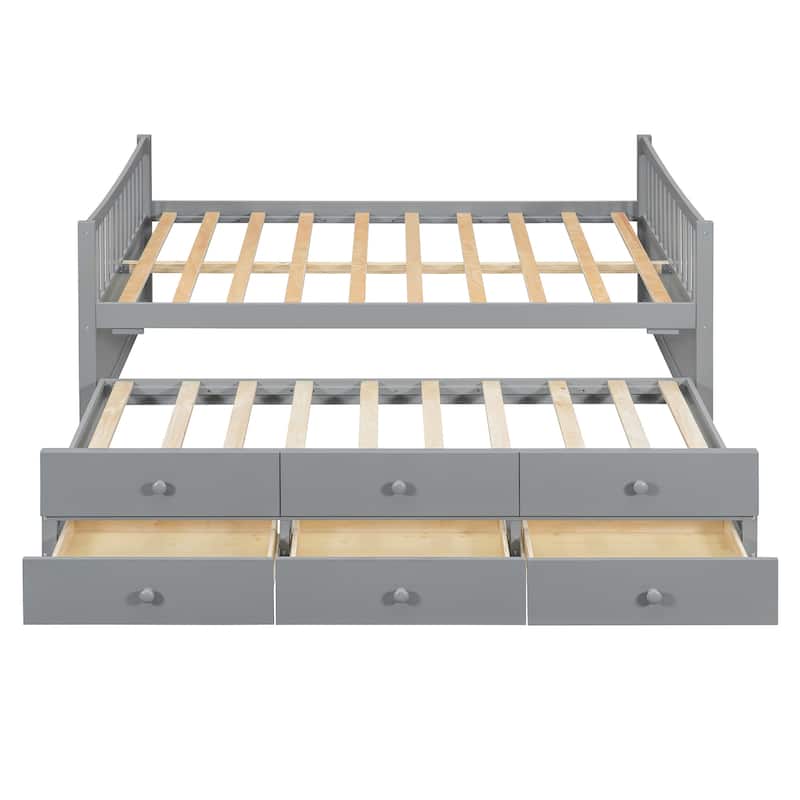 Full Size Daybed with Twin Trundle and 3 Drawers Solid Wood White No Box Spring Needed
