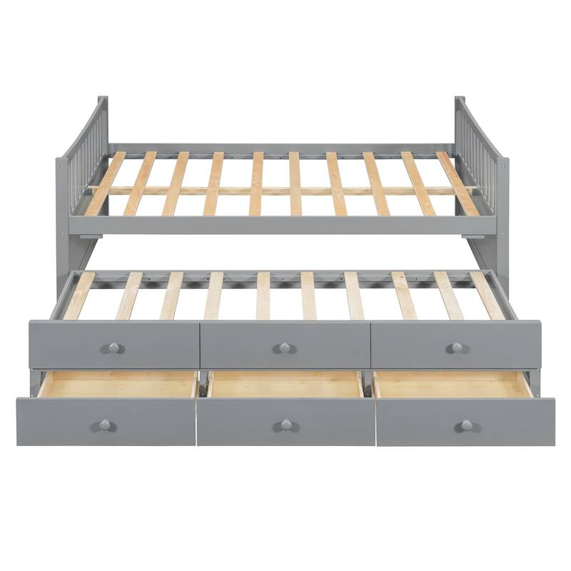 Wood Captains Bed Storage Daybed Full Size Platform Bed with Twin Size Trundle and Drawers, Built-in Smoothly Casters