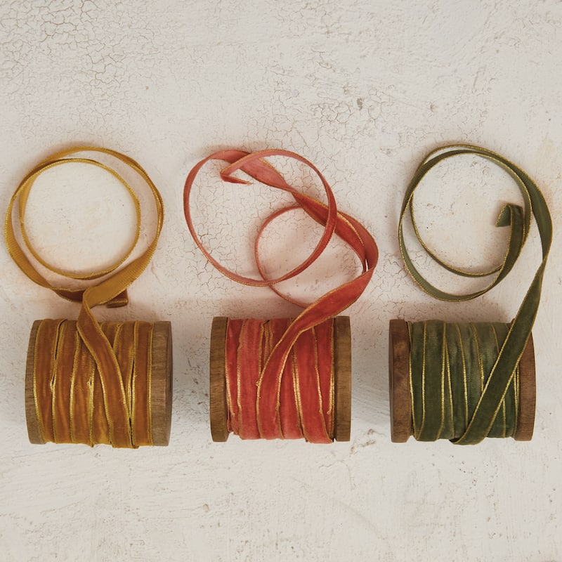 Velvet Ribbon with Metallic Edges on Wood Spool, Set of 3 - Multi