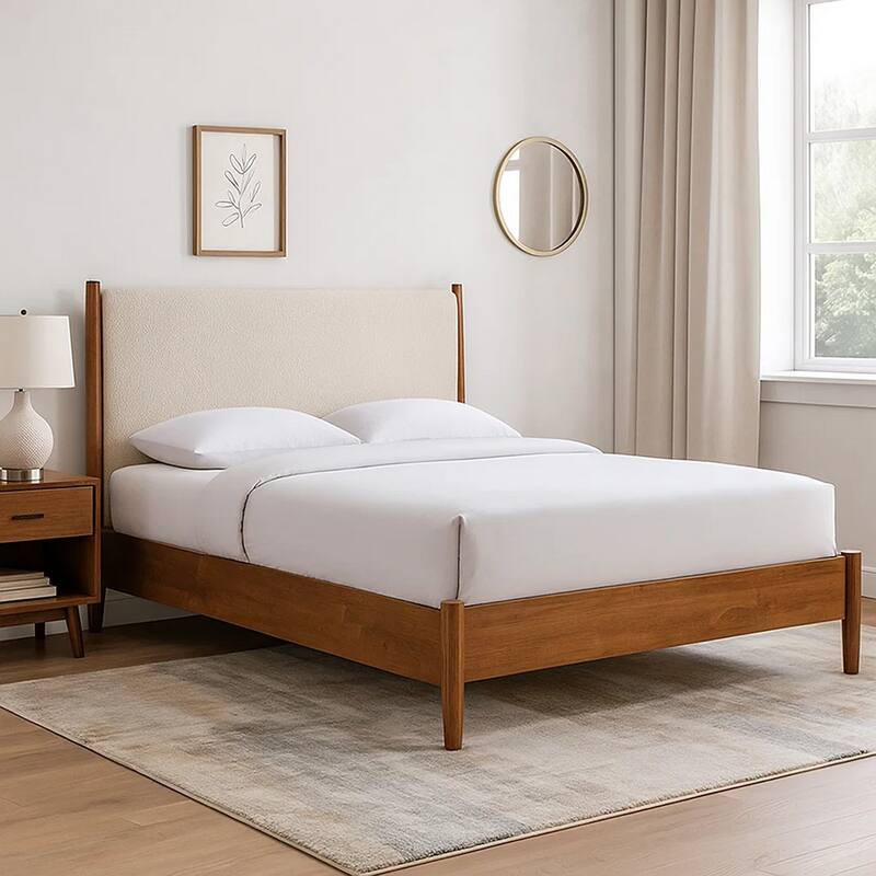 Carry Full Size Bed w Beige Boucle Upholstered Headboard, Walnut Brown