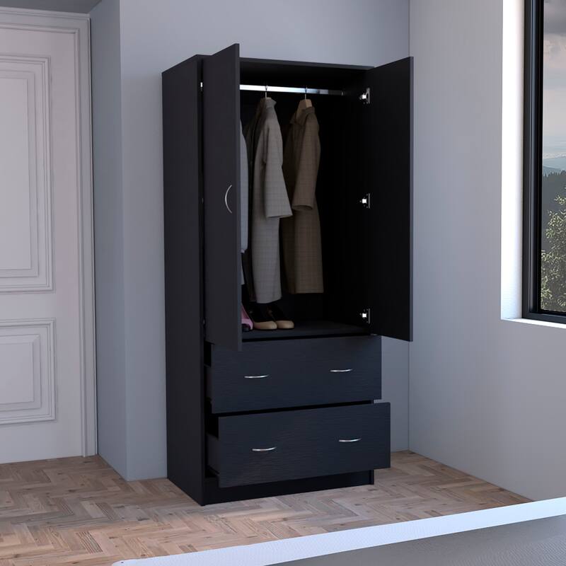 30.9" Modern Armoire with Double Doors, 2 Drawers and Hanging Rod for Bedroom