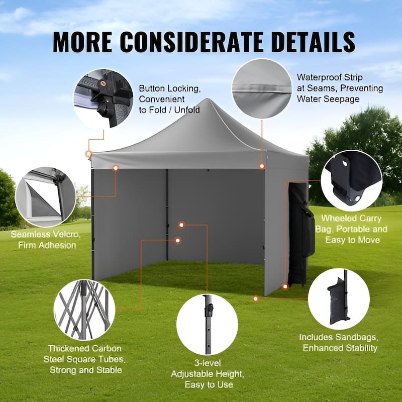 500D PU Coated Pop-Up Canopy Tent with Sidewalls and Carry Bag - 120” L x 120” W x 126” H