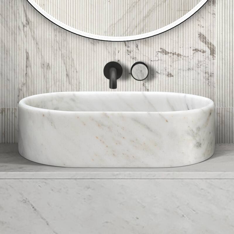 Roomfitters Marble Bathroom Vessel Sink, Natural Stone Countertop Wash Basin, Polished Oval Vanity Sink - White+Natural