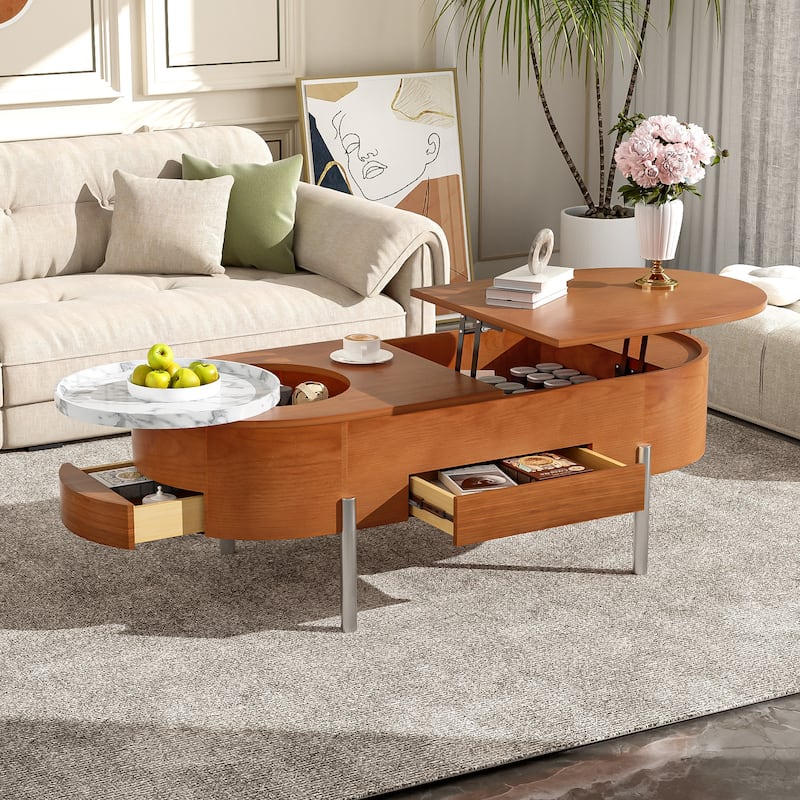 47.2" Lift Top Coffee Table with 360° Rotating Tray - Marble-Patterned Modern Oval Table with Hidden Compartment for Living Room - Brown