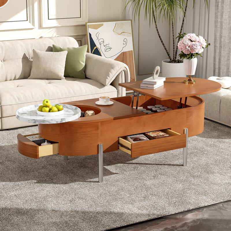 Lift Top Coffee Table with 360-degree Rotating Tray and Hidden Compartment, Modern Center Table w/ Lift Tabletop for Living Room - Brown
