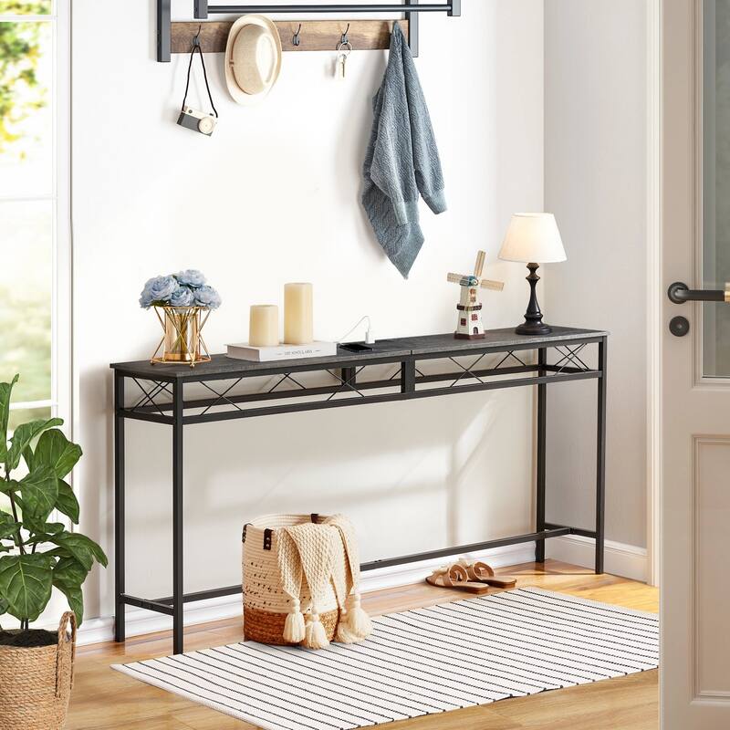 Javlergo Console Table with with Charging Station & USB Ports, Charcoal Gray