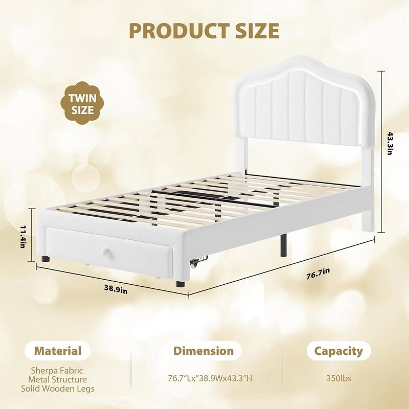 Twin Upholstered Bed Frame with LED Headboard & Storage Drawer, Platform Bed for Kids, No Box Spring Needed