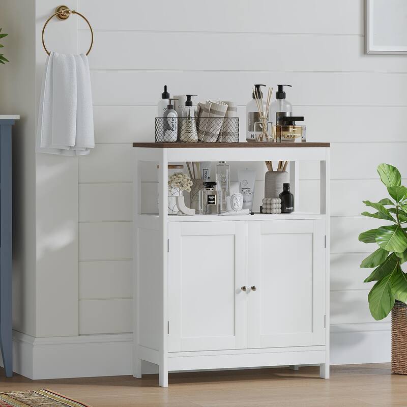 Modern Storage Cabinet with Double Doors, Free-Standing Bathroom Cabinet with Adjustable Shelf and Natural Wood Top