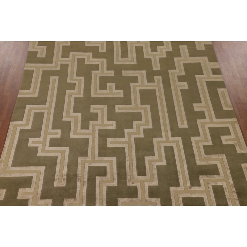 Green Geometric Nepalese Modern Area Rug Hand-Knotted Wool Carpet - 9'0" x 11'9"