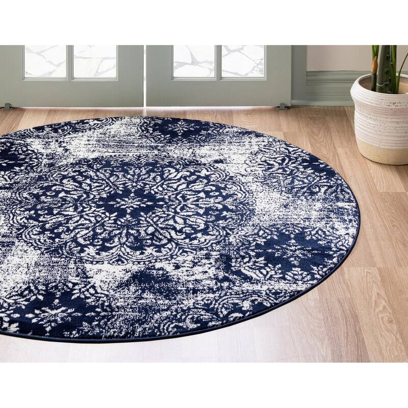 Transitional Fredo Collection Area Rug - 7' Round - Navy Blue