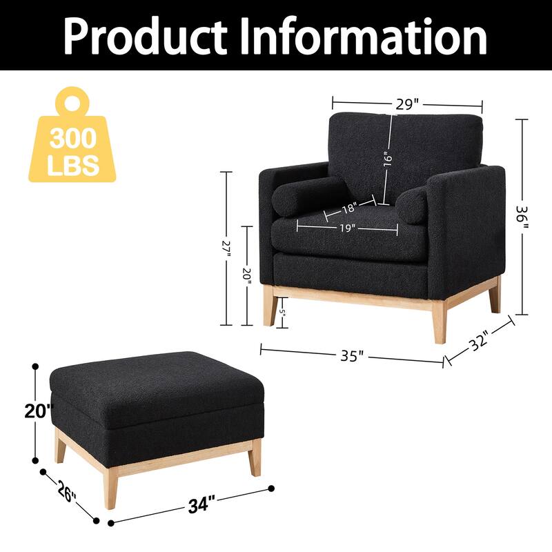 35" Farmhouse Style Boucle Single Sofa Accent Chair with Storage Footstool, Natural Wood Legs for Living Room, Office