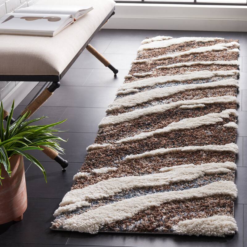 SAFAVIEH Hi-Lo Shag Leesa Modern 1.6-inch Thick Rug - 2'2" x 11' Runner - Brown/Beige Blue