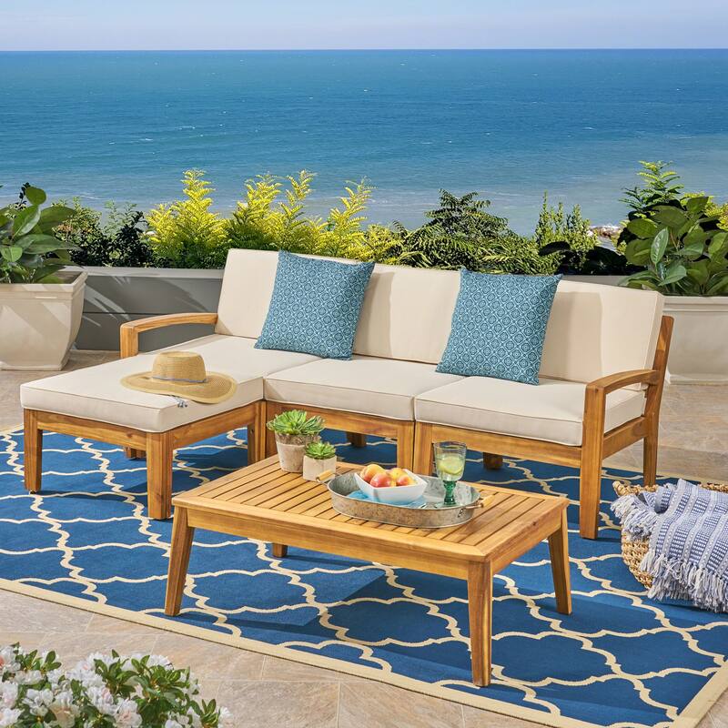 Grenada Outdoor Acacia Sectional Sofa Set by Christopher Knight Home - teak + beige cushion
