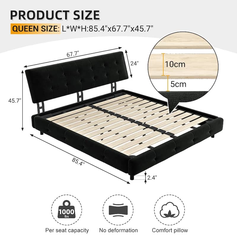 Queen/King Size Upholstered Bed with Oversized Cloud Tufted Headboard, Chenille Platform Bed Frame with Metal & Wood Slats