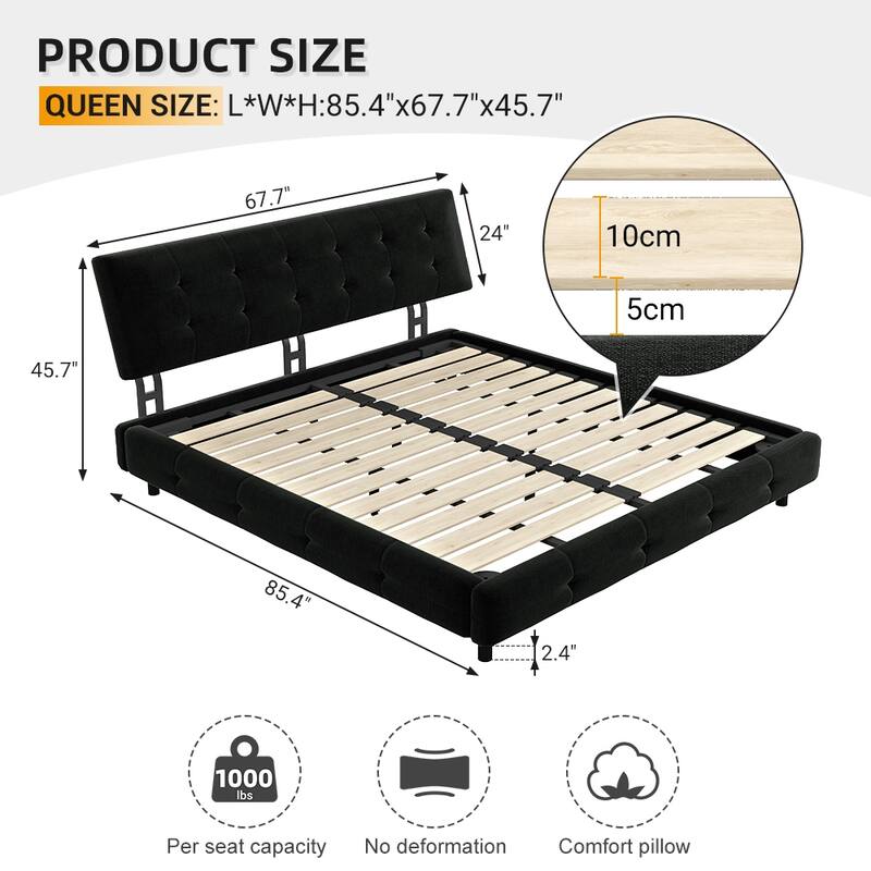 Queen Size Bed Frame with Tufted Headboard, Chenille Platform Bed, Black, Solid Wood and Metal Slats, Noise-Free