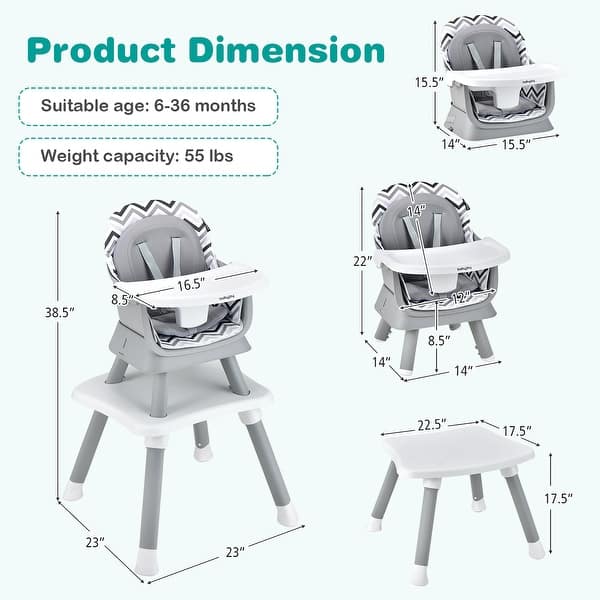 dimension image slide 1 of 4, Costway 8-in-1 Baby High Chair Convertible Dining Booster Seat with