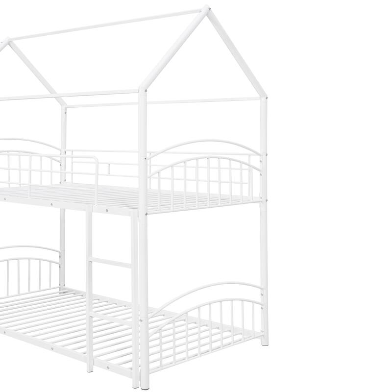 Metal Twin Over Twin Bunk Bed with Slide - Kids House Style Bed in White
