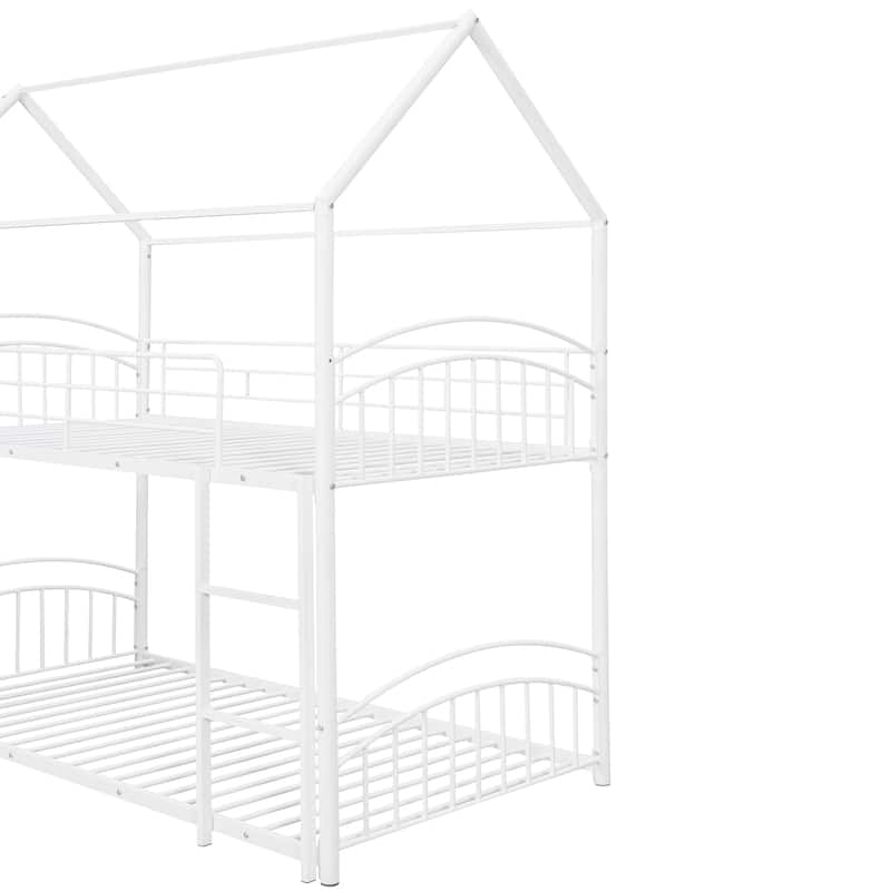Twin over Twin Size Metal Bunk Bed With Slide, Roof, Fence and Ladder for Bedroom