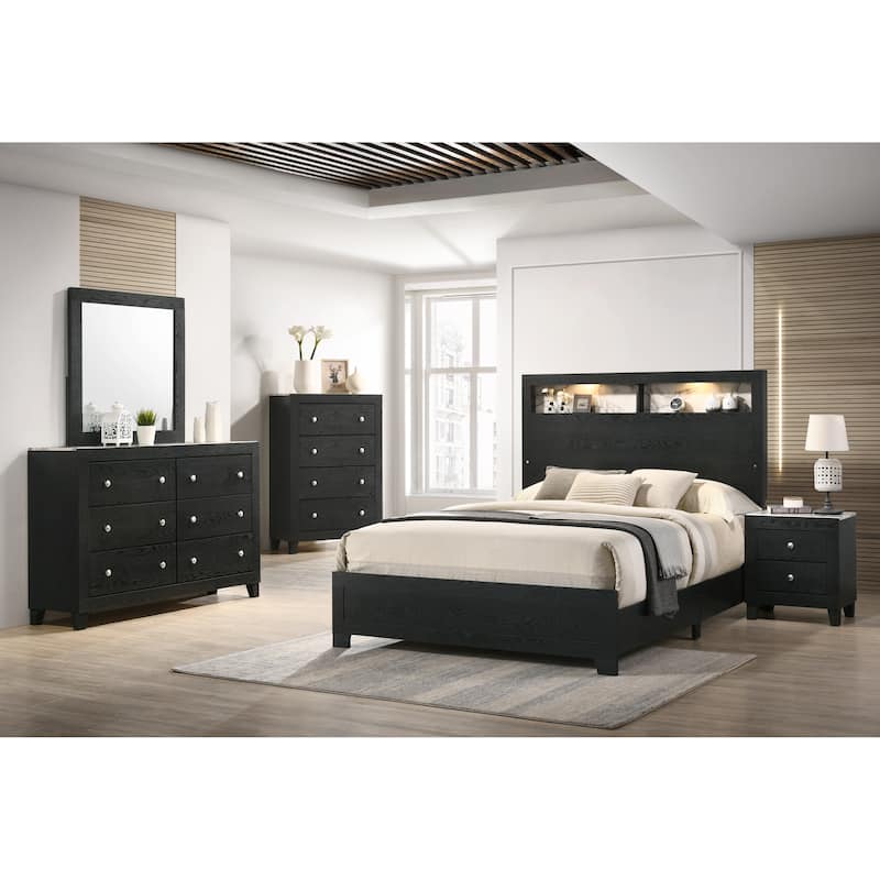 Gaylene 5 Piece Black LED Bookcase Panel Bedroom Set - King
