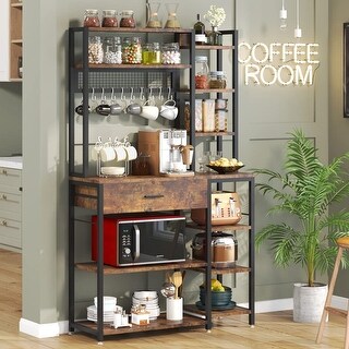 Bakers Rack, 70.9 inches Kitchen Storage Shelf with 10 Hooks, Drawer ...