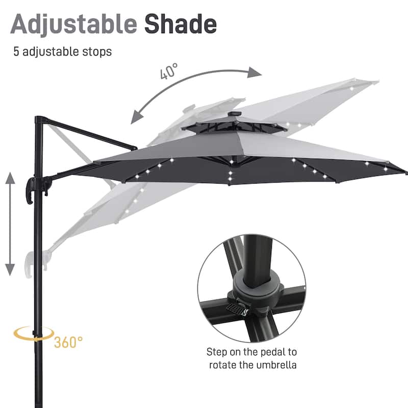 Autlaycil 10FT Cantilever Patio Umbrella with Solar Lights Included Base 360 Rotation Large Offset Hanging Outdoor Shade