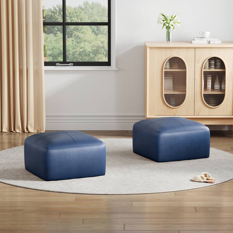 UIXE Genuine Leather Ottoman, Upholstered Ottoman for Living Room - Square-Medium - Navy Blue-Set of 2