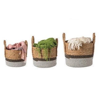 Straw Decorative Round Storage Basket Set of 3 with Woven Handles