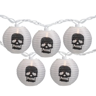 10ct White Black Skull Paper Lantern Halloween Lights 8.5ft White Wire