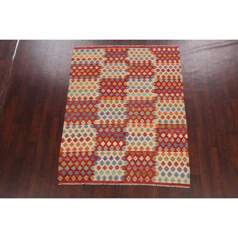 Geometric Kilim Oriental Home Decor Area Rug Wool Flat-weave Carpet - 5'2" x 6'5"