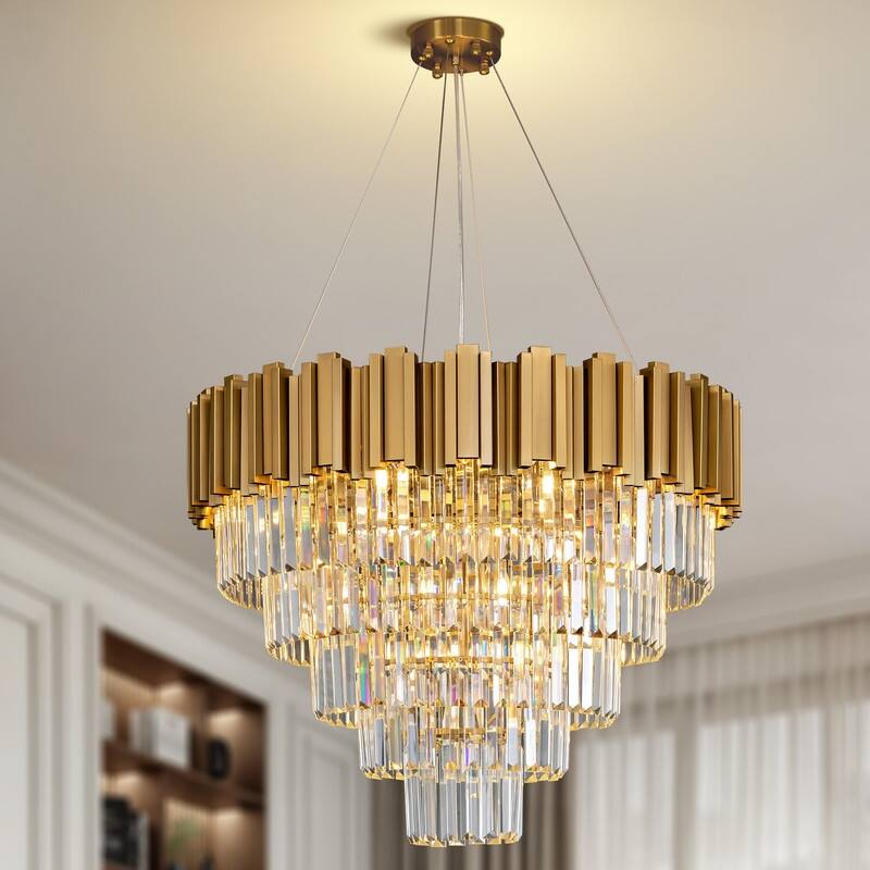KAYLA Large Crystal Chandelier - 35.4"Modern 6-Tier 17-Light Chrome Ceiling Light, Luxury K9 Crystal - 27.5in - Gold